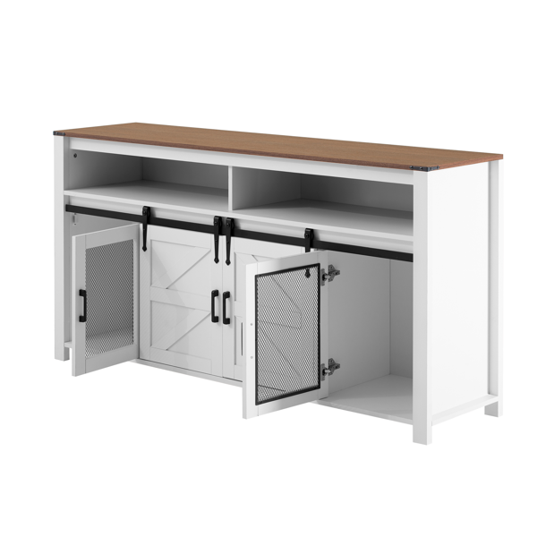 U型59.3英寸餐边柜，带滑动谷仓门和网格面板，农舍风格开放式储物柜，适用于客厅、走廊、阳台、厨房、办公室-6