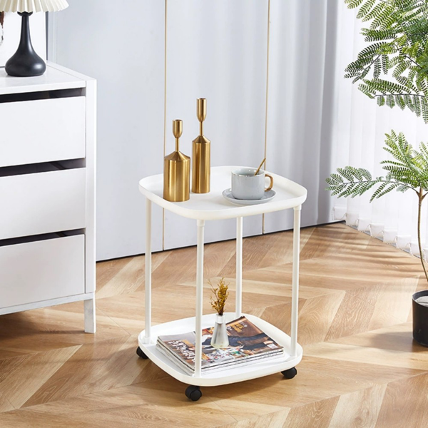 推车置物架 二层 白 移动小边几 4塑料轮带刹车-1