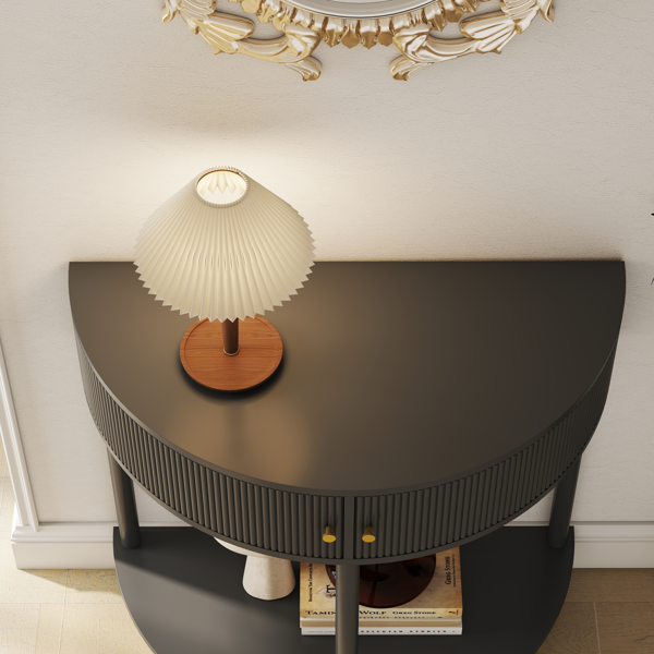 匠心打造的波浪纹半月形控制台桌，深灰色饰面，独特的半月形设计边桌，带2个储物抽屉和底部搁板，适用于客厅、卧室、书房、走廊。-18