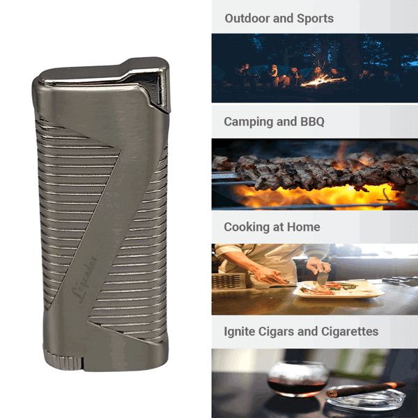 LEGENDEX®拓荒者* 枪黑单直冲打火机用于雪茄香烟厨房户外可重复充气可调节火焰高度便携式-6