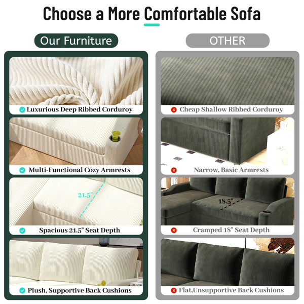 可转换灯芯绒L型储物沙发床，带杯架扶手，现代风格客厅折叠沙发-8