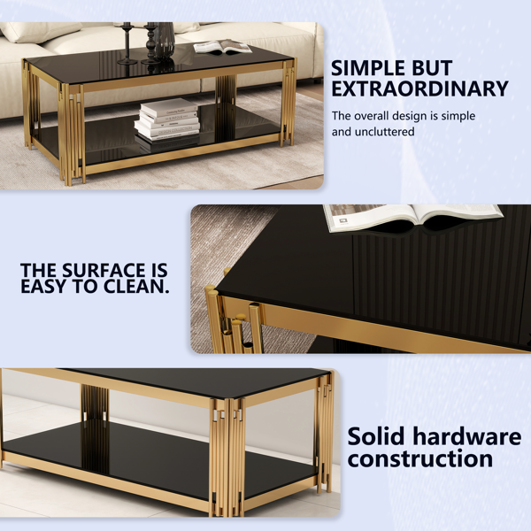 47英寸长方形金色玻璃双层咖啡桌，黑色现代风格客厅桌，黑色钢化玻璃桌面，金色不锈钢金属脚架，适用于客厅和办公室使用-7
