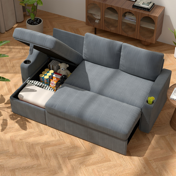 可转换灯芯绒L型储物沙发床，带杯架扶手，现代风格客厅折叠沙发-2