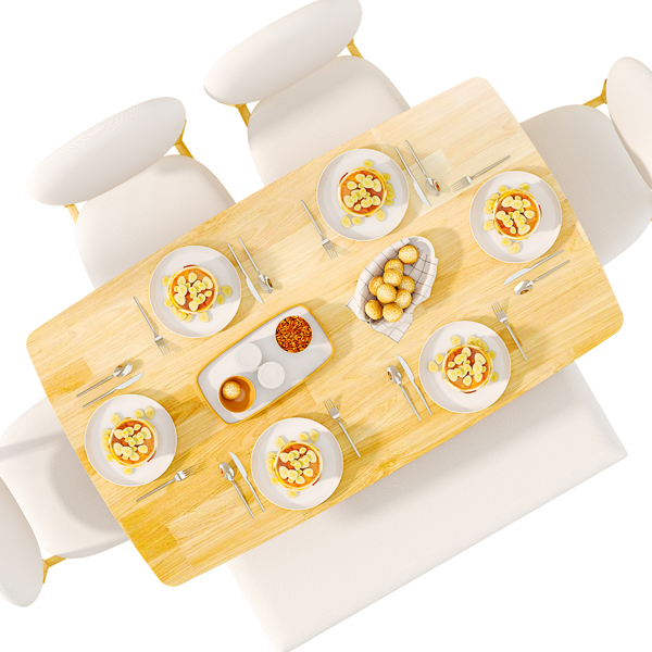 1桌4椅1凳 拆装 橡胶木+软包 原木色 餐桌椅套装 米色坐垫 长方形-8