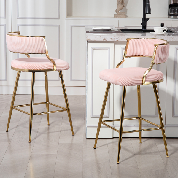 （两件套）26英寸吧台椅，天鹅绒面料，带靠背，金色镀铬底座和脚踏板（粉色）-9