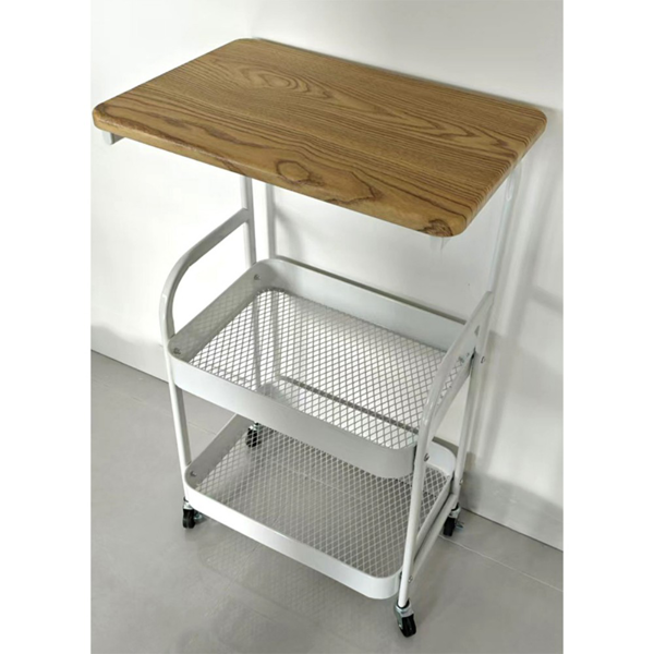 小推车置物架 白色铁架+浅木纹桌板 带轮-10