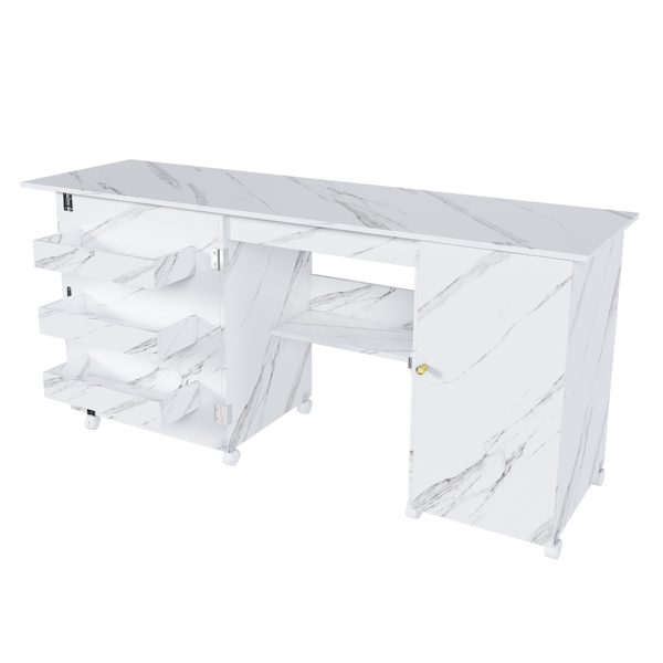 57.5英寸可折叠缝纫机桌，带锁定脚轮，多功能储物工艺工作台，带搁板、收纳箱和柜子，可调节缝纫柜，适用于家庭、卧室和工艺室（白色）-2