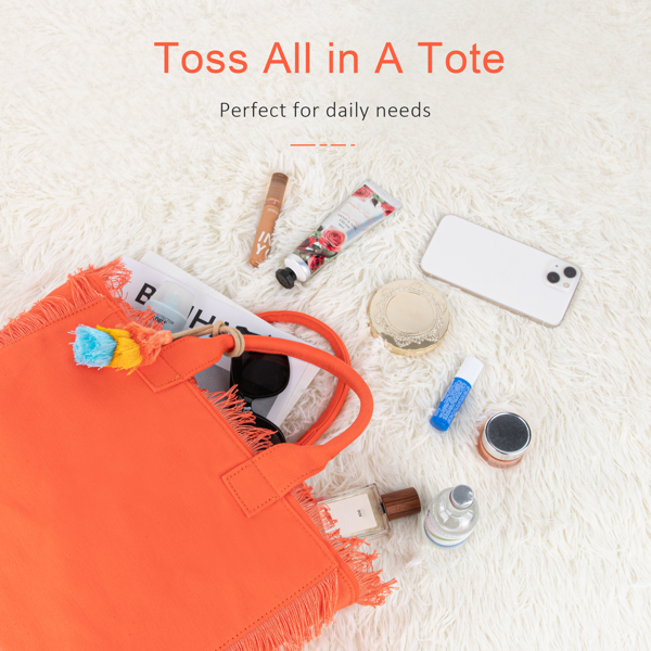 女士帆布手提包带流苏，肩背包顶部提手手袋配拉链闭合，适用于工作、旅行、海滩、健身房、购物-橘色-5