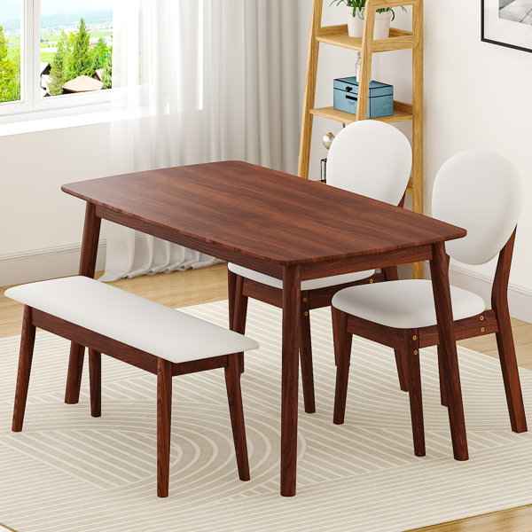 1桌2椅1凳 拆装 橡胶木+软包 深胡桃色 餐桌椅套装 米色坐垫 长方形-19