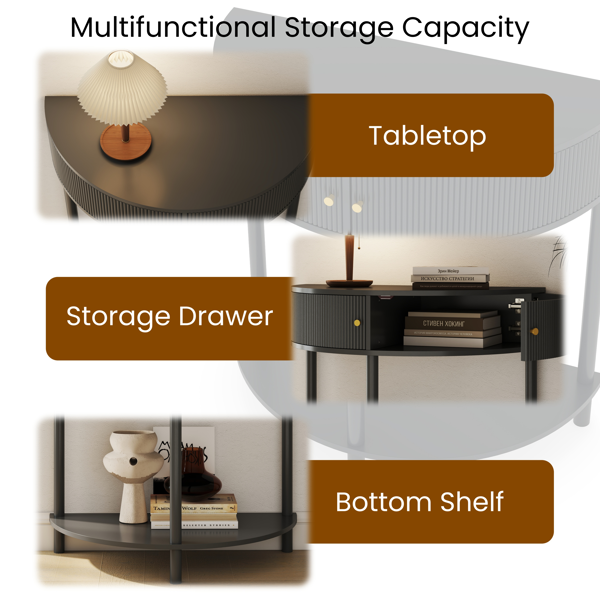 匠心打造的波浪纹半月形控制台桌，深灰色饰面，独特的半月形设计边桌，带2个储物抽屉和底部搁板，适用于客厅、卧室、书房、走廊。-13