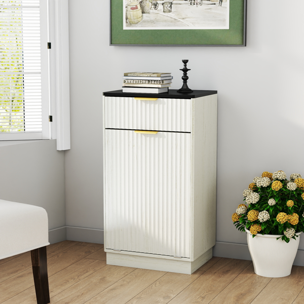 10加仑木纹倾斜式垃圾桶柜，带波浪纹理隐藏式抽屉拉出式垃圾桶，多功能厨房/浴室收纳柜，仿古白色饰面-6