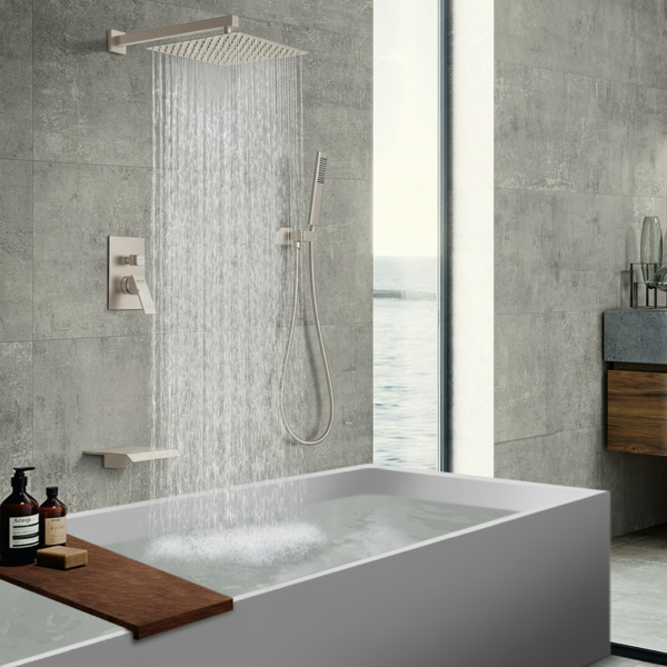 公头NPT拉丝镍淋浴系统，12英寸淋浴装置，带手持淋浴喷头的雨喷头，浴室壁挂式淋浴水龙头套件（包括压力平衡淋浴阀套件）【周末不发货，TK/TEMU订单仅支持自提】-3