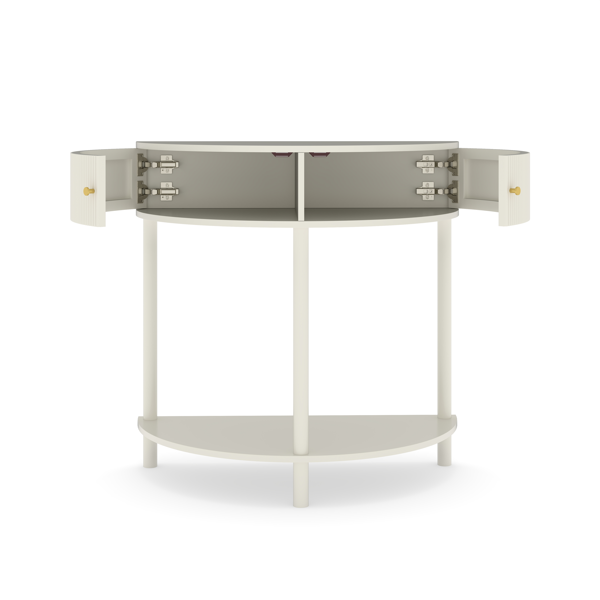 匠心打造的波浪纹半月形控制台桌，奶油白色饰面，独特的半月形设计边桌，配有2个储物抽屉和底部搁板，适用于客厅、卧室、书房、走廊。-5