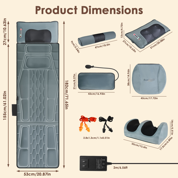 （自提可发加拿大，temu&tk下自提单）全身加热按摩垫，配备12个按摩头与9种振动模式，可拆卸指压式颈部及足部按摩器，缓解背部/腿部疼痛--法兰灰-17