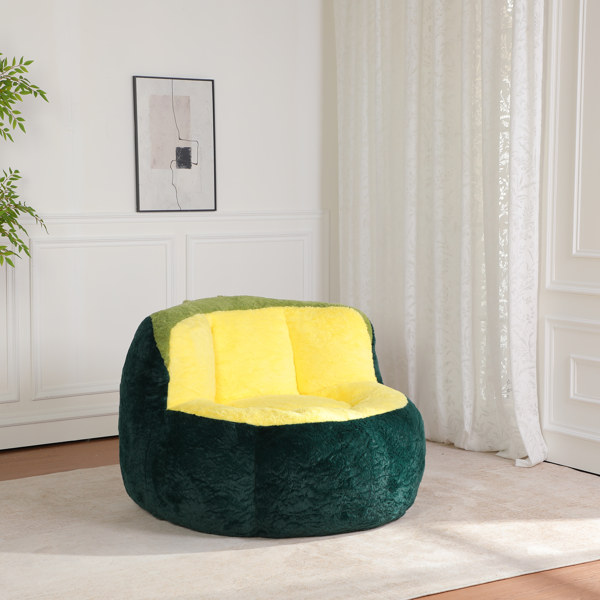 超大豆袋椅、填充海绵丝的多色人造毛皮沙发、客厅大沙发、无需组装、深绿色+黄色+绿色-4