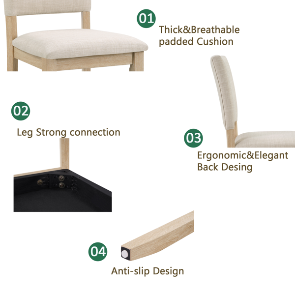 六件套餐桌椅组合，含长凳，木质长方形餐桌椅套装，含长凳和四把软垫餐椅，适用于客厅、厨房、餐厅，浅橡木色和米色-3