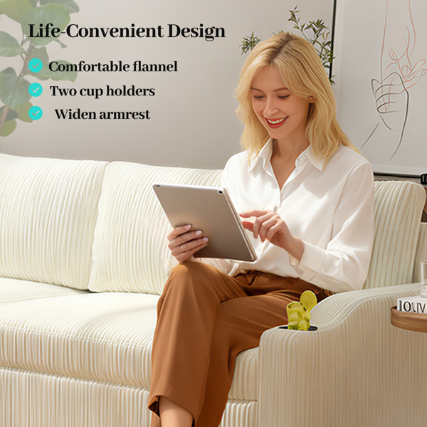 可转换灯芯绒L型储物沙发床，带杯架扶手，现代风格客厅折叠沙发-7