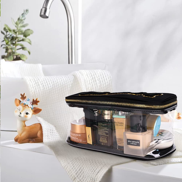 便携式雪尼尔字母透明学院风化妆拉链包 防水可折叠收纳袋 旅行储物手提包 适合度假旅行、浴室用-黑色-4