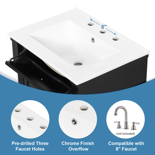 24英寸浴室柜，带水槽，黑色独立式浴室柜，带翻盖抽屉、可调节搁板、实心橡胶木框架、中密度纤维板和金属把手-5