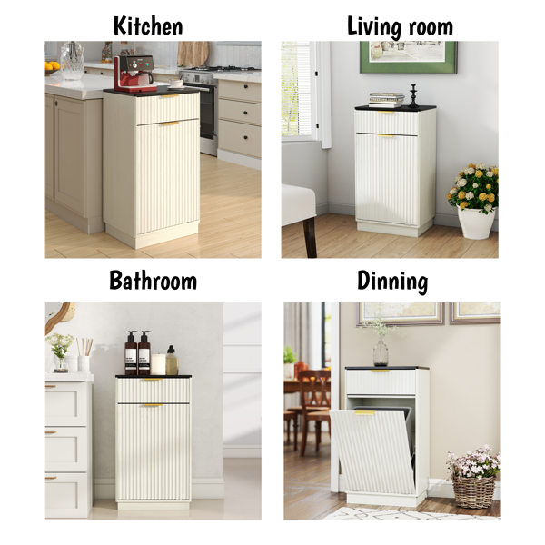 10加仑木纹倾斜式垃圾桶柜，带波浪纹理隐藏式抽屉拉出式垃圾桶，多功能厨房/浴室收纳柜，仿古白色饰面-16