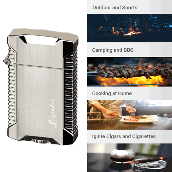 LEGENDEX®野餐者* 银色双直冲打火机用于雪茄香烟厨房户外可重复充气可调节火焰高度便携式-5