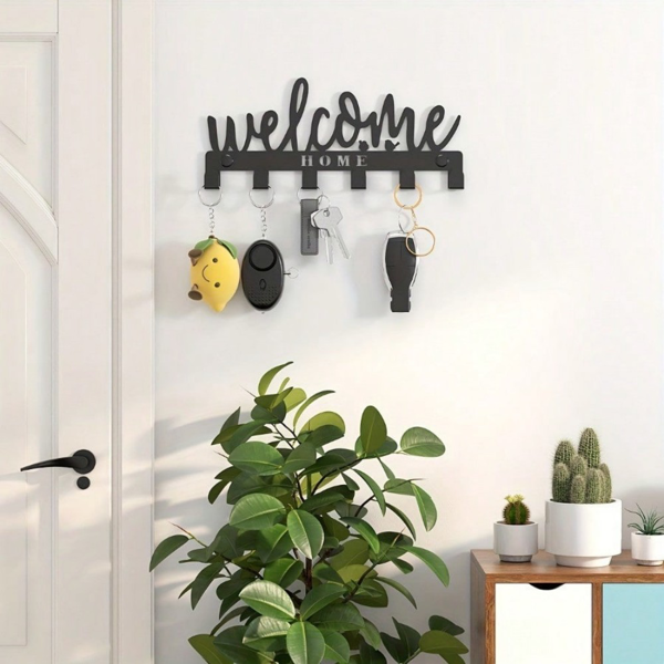 CIFbuy™ 欢迎字样八钩钥匙架 黑色金属壁挂收纳架（TikTok、temu下自提）-3