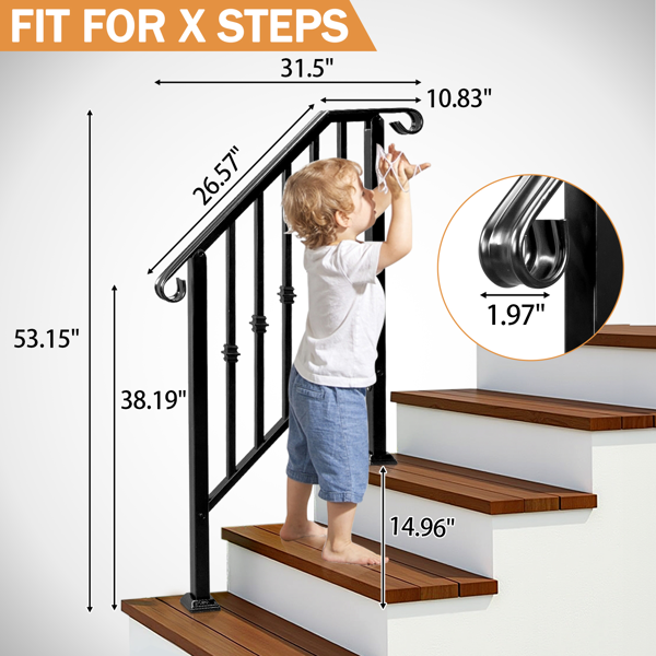 【同款编码：89100953】哑光黑色   2阶 单排单宝塔装饰 庭院楼梯扶手-5