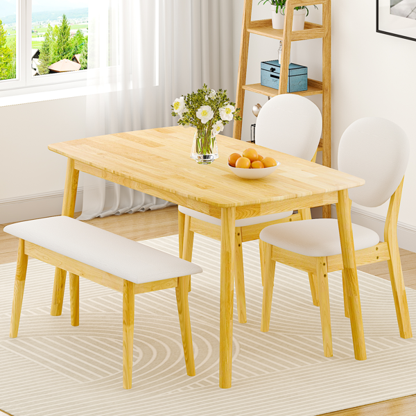 1桌2椅1凳 拆装 橡胶木+软包 原木色 餐桌椅套装 米色坐垫 长方形-17