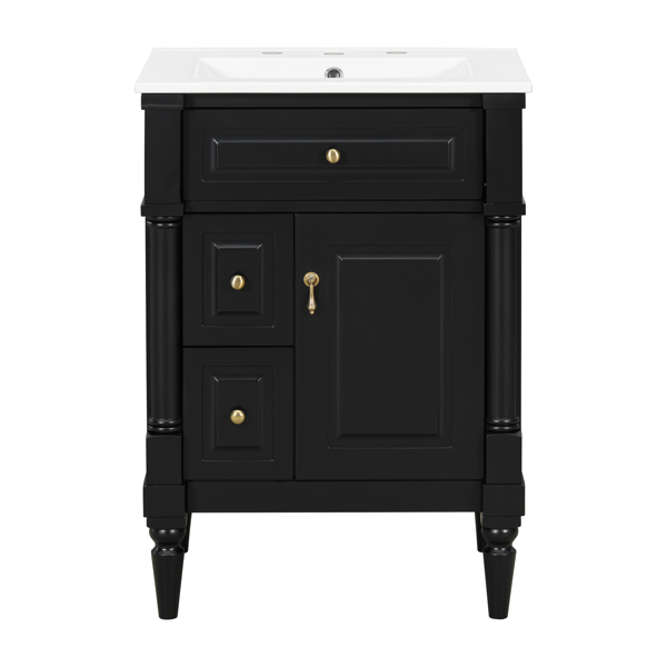 24英寸浴室柜，带水槽，黑色独立式浴室柜，带翻盖抽屉、可调节搁板、实心橡胶木框架、中密度纤维板和金属把手-4