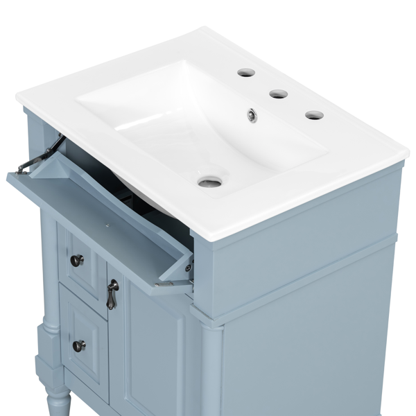 24英寸浴室柜，带水槽，灰蓝色独立式浴室柜，带翻盖抽屉、可调节搁板、实心橡胶木框架、中密度纤维板和金属把手-19
