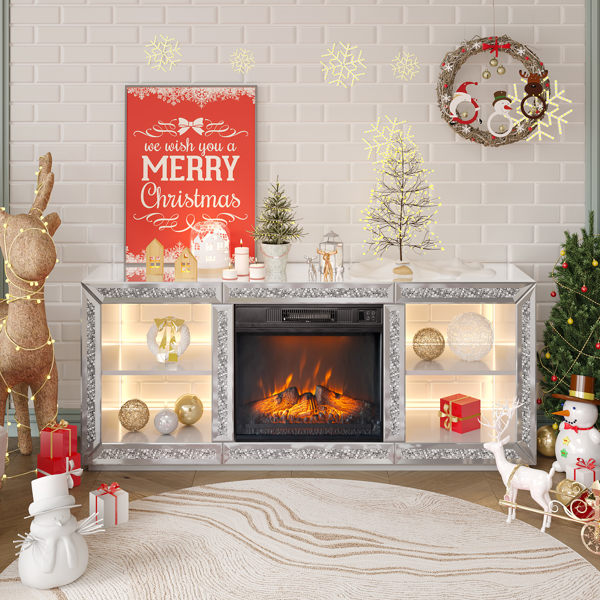 银色 镜面 143*35*62 中纤板 层架不带抽壁炉电视柜  & 18in壁炉芯-9