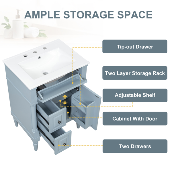 24英寸浴室柜，带水槽，灰蓝色独立式浴室柜，带翻盖抽屉、可调节搁板、实心橡胶木框架、中密度纤维板和金属把手-8