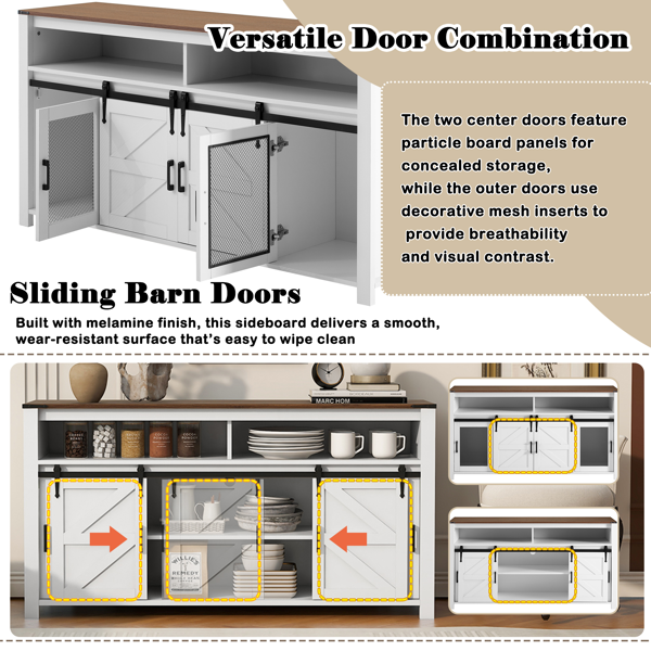 U型59.3英寸餐边柜，带滑动谷仓门和网格面板，农舍风格开放式储物柜，适用于客厅、走廊、阳台、厨房、办公室-14