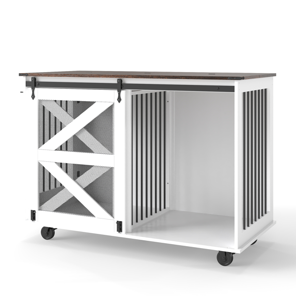 47.2英寸移动式狗笼，带翻盖式喂食门、双向开口和5个万向轮（其中2个带锁定功能），侧面配有挂钩——多功能宠物笼，也可作为双狗笼家具使用。-4