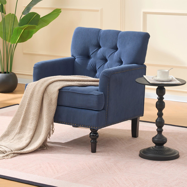 簇绒单人沙发椅，休闲椅，软垫纽扣扶手椅，亚麻面料灯芯绒沙发椅，适用于卧室、客厅，中世纪现代风格，带铆钉阅读椅，蓝色-7