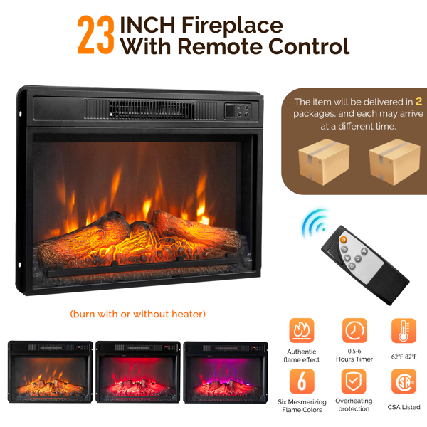 橡木色柜体 金色拉手 147.32*34.5*81.3cm 浮雕密度板贴三胺 双格栅门双搁架  壁炉电视柜 & 23in壁炉芯-4