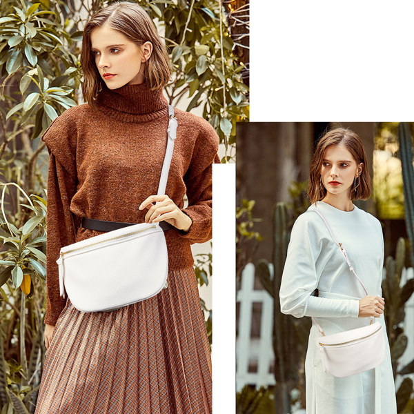 女士马鞍斜挎包，PU皮革马鞍挎包腰包及斜挎钱包-白色-5