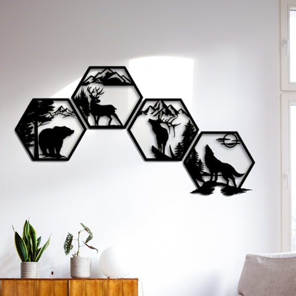 CIFbuy™ 铁艺六边形森林动物装饰画套装，户外风墙面挂饰，自然主题家居软装（在 TikTok、temu 下可自提）-4