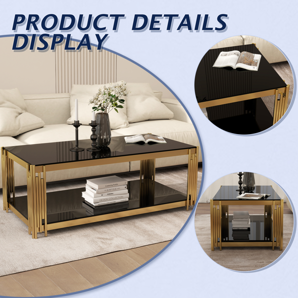 47英寸长方形金色玻璃双层咖啡桌，黑色现代风格客厅桌，黑色钢化玻璃桌面，金色不锈钢金属脚架，适用于客厅和办公室使用-5