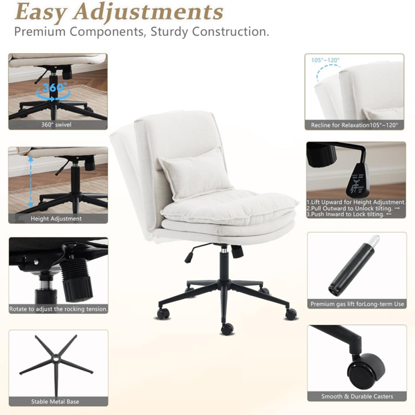 椅子 盘腿椅 棉麻 带轮子 米白-3