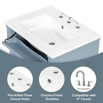 24英寸浴室柜，带水槽，灰蓝色独立式浴室柜，带翻盖抽屉、可调节搁板、实心橡胶木框架、中密度纤维板和金属把手