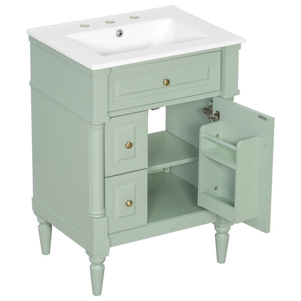 24英寸浴室柜，带水槽，绿色独立式浴室柜，带翻盖抽屉、可调节搁板、实心橡胶木框架、中密度纤维板和金属把手-13