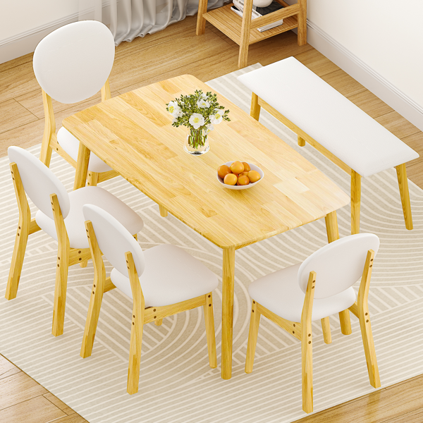 1桌4椅1凳 拆装 橡胶木+软包 原木色 餐桌椅套装 米色坐垫 长方形-15