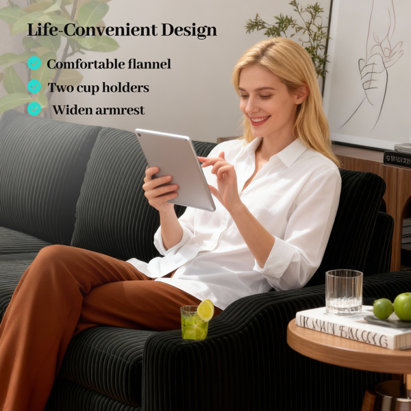 可转换灯芯绒L型储物沙发床，带杯架扶手，现代风格客厅折叠沙发-8