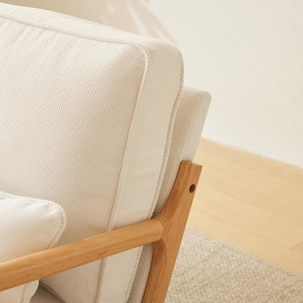 椅子 沙发 原木色橡木扶手 软包 米白色 麻布 单人休闲椅-2