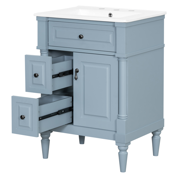 24英寸浴室柜，带水槽，灰蓝色独立式浴室柜，带翻盖抽屉、可调节搁板、实心橡胶木框架、中密度纤维板和金属把手-13