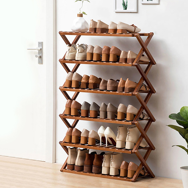 鞋架 楠木 茶色70cm 6层 免安装 折叠-1