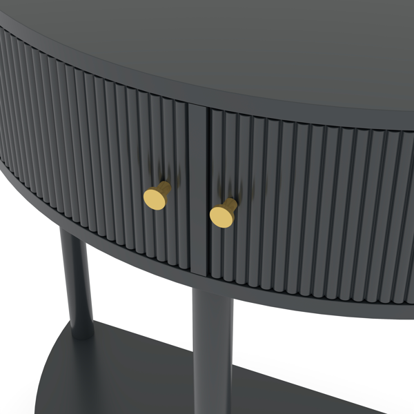 匠心打造的波浪纹半月形控制台桌，深灰色饰面，独特的半月形设计边桌，带2个储物抽屉和底部搁板，适用于客厅、卧室、书房、走廊。-11