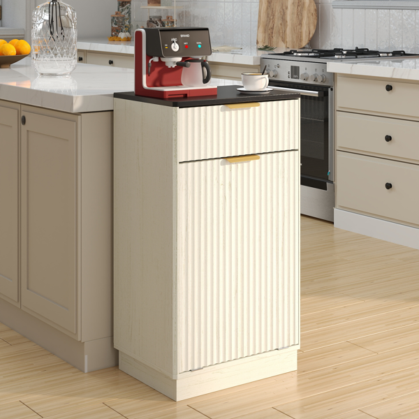 10加仑木纹倾斜式垃圾桶柜，带波浪纹理隐藏式抽屉拉出式垃圾桶，多功能厨房/浴室收纳柜，仿古白色饰面-11