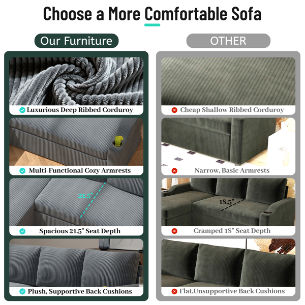 可转换灯芯绒L型储物沙发床，带杯架扶手，现代风格客厅折叠沙发-5